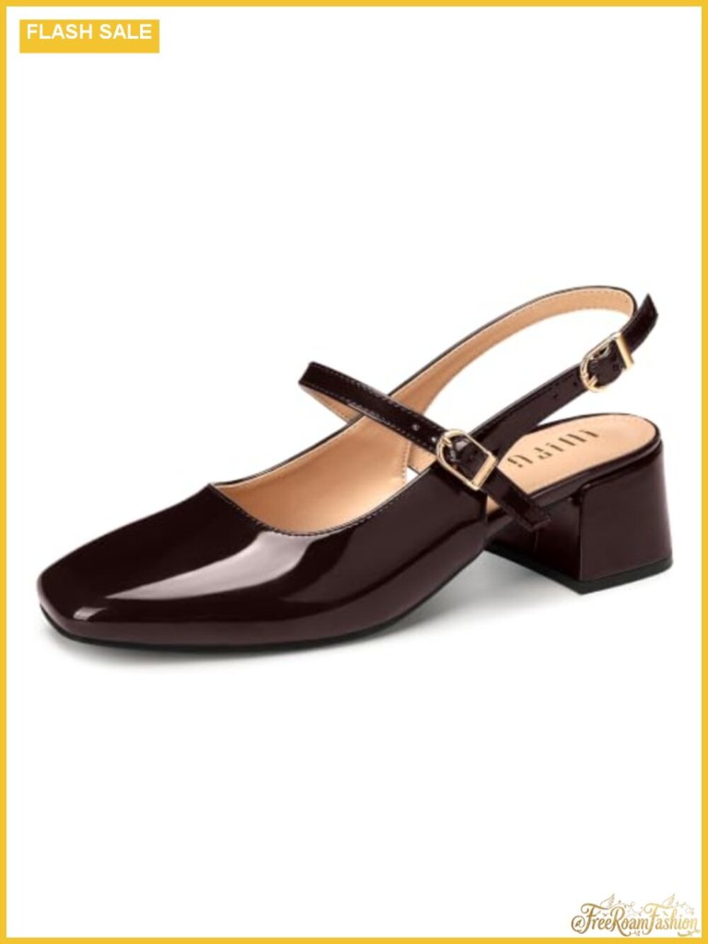 IDIFU Women's Mary Jane Chunky Low Heel Slingback Pumps Square Toe Patent